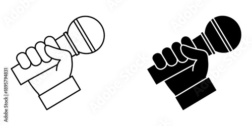 hand holding microphone set icon on white background