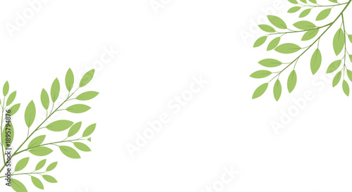 Simple and fresh decorative border featuring green leafy branches in two opposite corners against a clean white background.