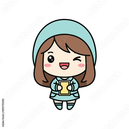 Happy cartoon girl holding a golden idol
