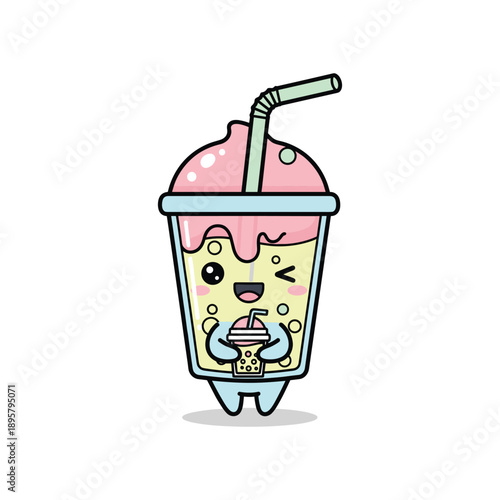 Cartoon milkshake character with straw and happy expression