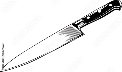 black and white vector graphic of a sharp chef's knife, a simple design, isolated on a white background