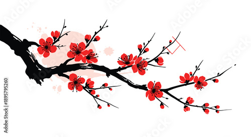 Artistic branch of cherry blossoms with vibrant red flowers and dark ink style stem against a light pink sun.