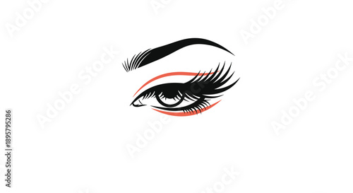 Elegant female eye illustration featuring long dramatic lashes and a stylish red eyeliner wing for beauty concept.