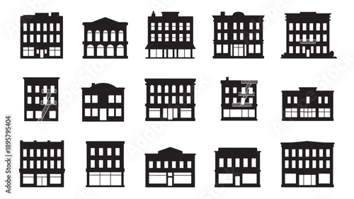 Collection of various black building silhouettes on white background, including different architectural styles and storey numbers