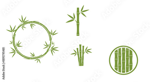 Collection of green bamboo motifs including a circular wreath stalks and individual leaf clusters for oriental decor.
