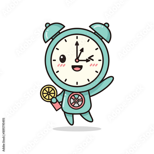Happy alarm clock character with lemon slice