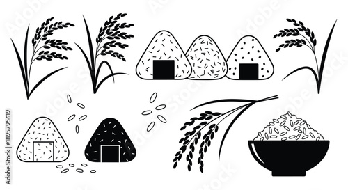 Set of black and white icons representing rice agriculture featuring rice plants onigiri and a bowl of cooked rice.