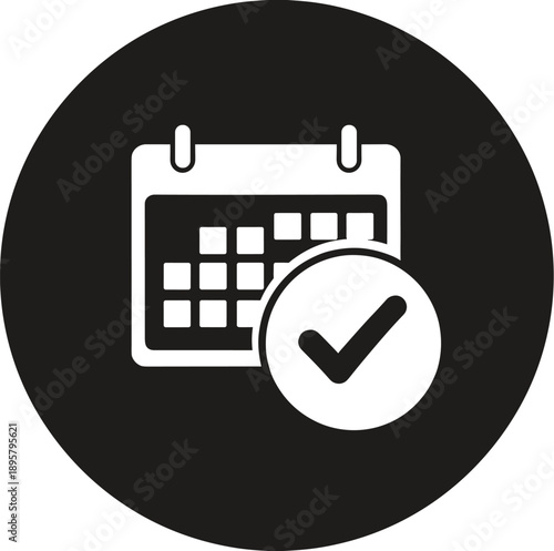 Black circular icon of calendar with checkmark symbolizing confirmed schedule, completed task, appointment reminder, planning, organization, productivity, and time management