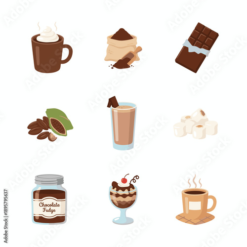 Delicious chocolate desserts and hot beverages icons