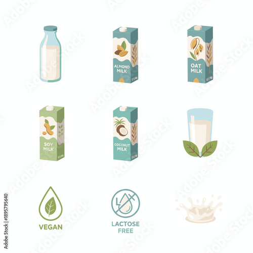 Variety of plant based milk products and labels