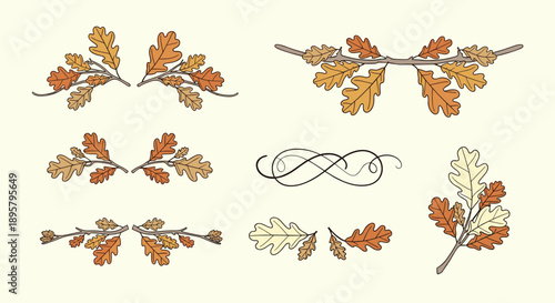 Collection of hand drawn oak leaf branches and clusters in warm autumn colors for botanical themed decorations.