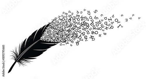 Creative illustration of a black feather dissolving into a cloud of floating letters from the english alphabet.