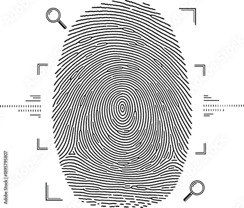 Detailed forensic fingerprint illustration showcasing biometric identification patterns, magnifying glass icons, and security elements for authentication and investigation purposes