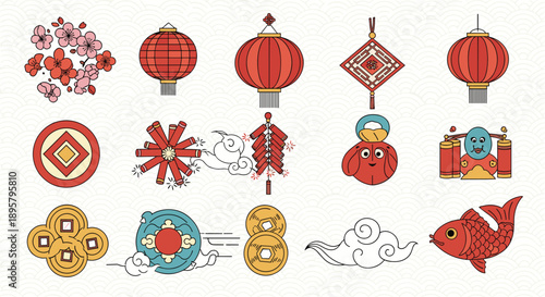 Set of traditional Chinese New Year icons including red lanterns, firecrackers, lucky coins, a koi fish, and auspicious clouds.