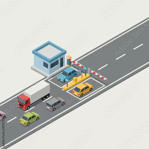 Toll Booth on Highway with Vehicles.