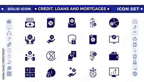 Credit, Loans, and Mortgages web icons in solid style. Credit card, deposit, car leasing, interest rate, calculator, income, rating, collection. Containing bank, advisor, money, insurance, icon. 