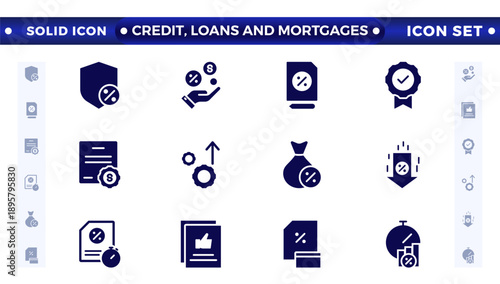 Credit, Loans, and Mortgages web icons in solid style. Credit card, deposit, car leasing, interest rate, calculator, income, rating, collection. Containing bank, advisor, money, insurance, icon. 