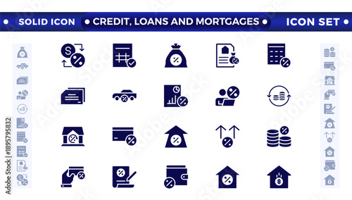 Credit, Loans, and Mortgages web icons in solid style. Credit card, deposit, car leasing, interest rate, calculator, income, rating, collection. Containing bank, advisor, money, insurance, icon. 
