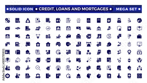 Credit, Loans, and Mortgages web icons in solid style. Credit card, deposit, car leasing, interest rate, calculator, income, rating, collection. Containing bank, advisor, money, insurance, icon. 