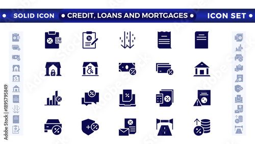 Credit, Loans, and Mortgages web icons in solid style. Credit card, deposit, car leasing, interest rate, calculator, income, rating, collection. Containing bank, advisor, money, insurance, icon. 