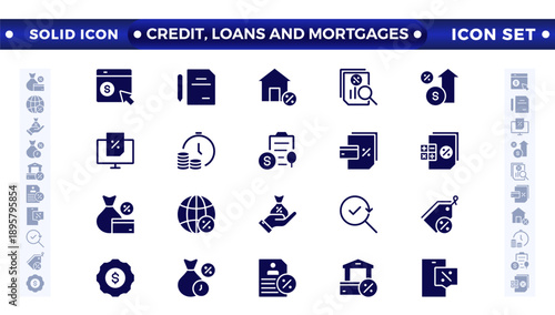 Credit, Loans, and Mortgages web icons in solid style. Credit card, deposit, car leasing, interest rate, calculator, income, rating, collection. Containing bank, advisor, money, insurance, icon. 