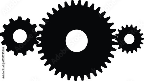 Mechanical gear system silhouette showing interconnected wheels, symbolizing engineering, machinery, torque transmission, teamwork, industrial design, and mechanical motion efficiency