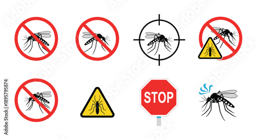Set of mosquito warning and prohibition signs featuring insects inside red circles, target crosshairs, and yellow danger triangles.