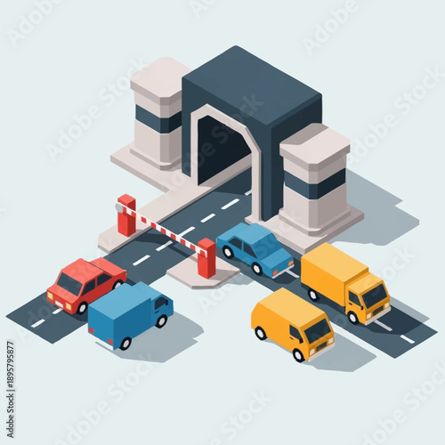 Toll Booth with Cars and Barriers.