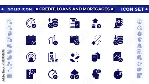 Credit, Loans, and Mortgages web icons in solid style. Credit card, deposit, car leasing, interest rate, calculator, income, rating, collection. Containing bank, advisor, money, insurance, icon. 