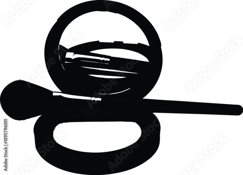 Illustration of open compact powder case with mirror and brushes, symbolizing cosmetics, beauty, makeup essentials, personal care, and fashion elegance