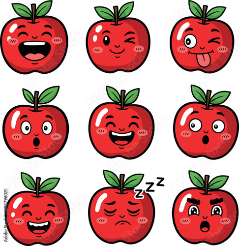 Cute kawaii red apple character emoji set featuring happy laughing winking sleeping and surprised faces for kids sticker design.
