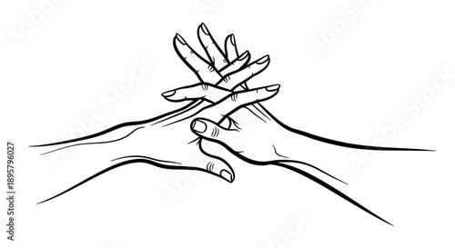 Simple black and white illustration of two hands reaching out to each other.
