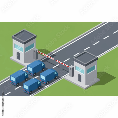 Toll Booth with Trucks and Barrier.
