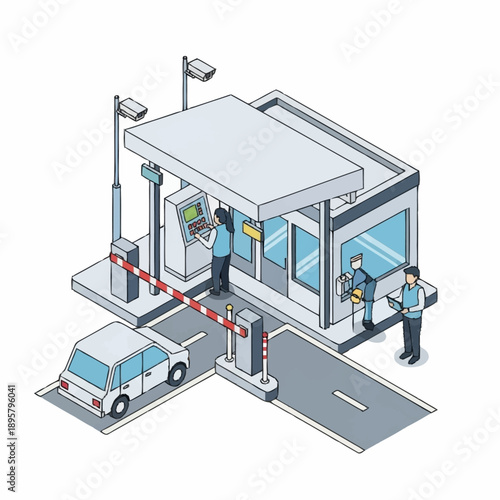 Toll Booth with Staff and Vehicle.