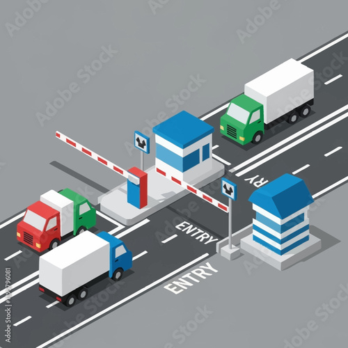 Toll Booth with Trucks and Cars Waiting.