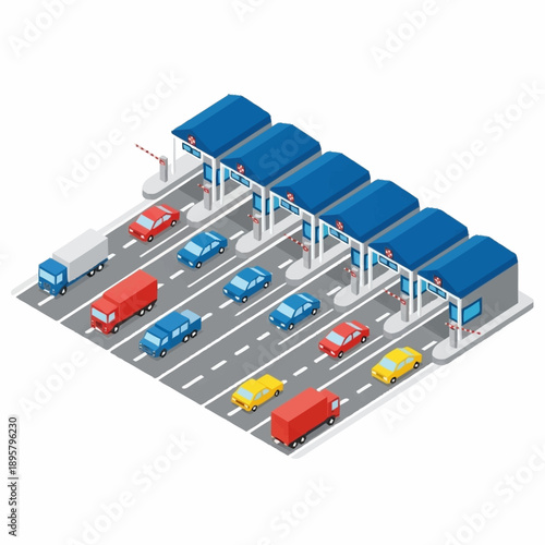 Toll Booth with Vehicles and Trucks.