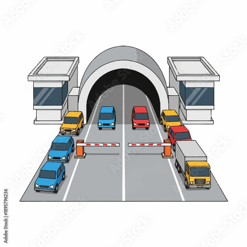 Toll Booth with Vehicles and Gate.