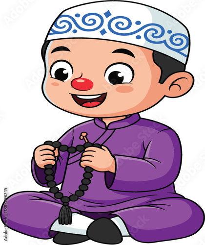 Cute happy Muslim boy character wearing traditional skullcap and purple thobe sitting cross legged holding Islamic prayer beads tasbih flat vector illustration