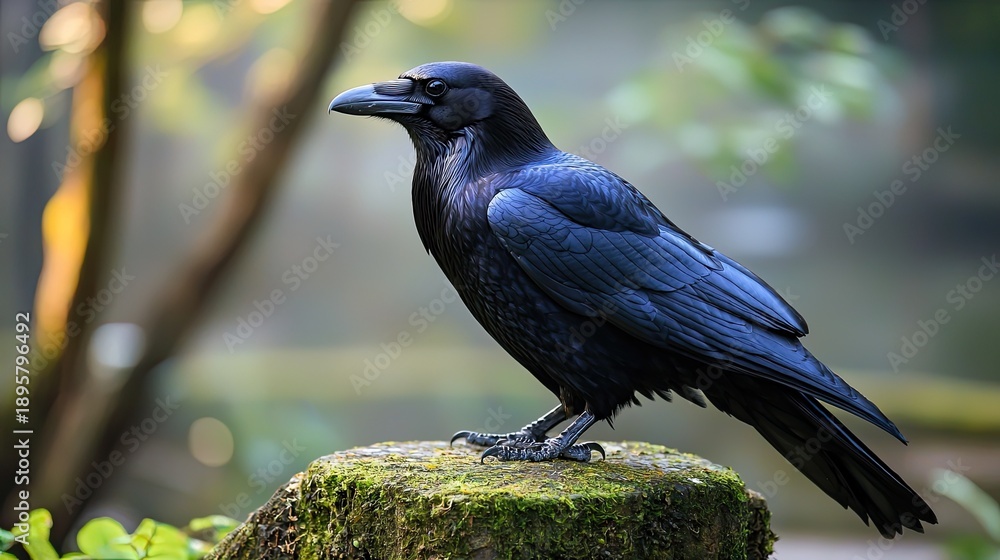 Naklejka premium A black crow perched on a moss-covered stone in a forest setting.