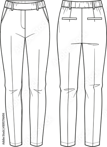 Women's Tailored Ankle-Length Trousers Technical Fashion Flat Sketch Template, Featuring Elasticized Back Waistband, Side Pockets, and Back Welt Pockets, Front and Back View Outline Vector Drawing.