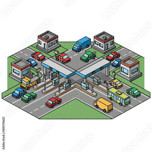 Toll Plaza with Vehicles and Buildings.
