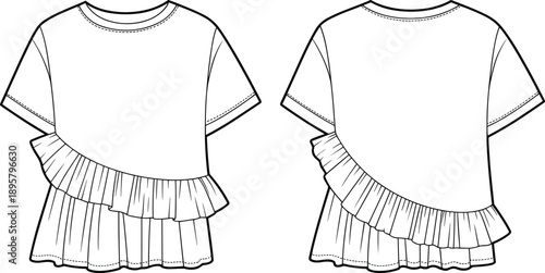 Women's t-shirt technical flat, fashion vector sketch, apparel design template. Front and back view, short sleeve, round neck, asymmetrical tiered ruffle hem.