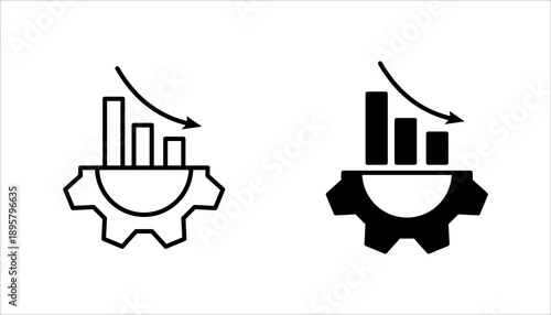 Minimal line icon set. depicting decreasing bar chart with downward arrow on a gear, representing business slowdown, performance decline, or reduced productivity.