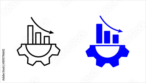 Minimal line icon set. depicting decreasing bar chart with downward arrow on a gear, representing business slowdown, performance decline, or reduced productivity.