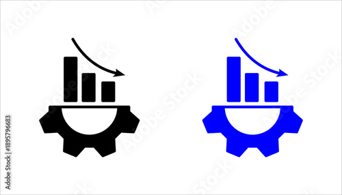 Minimal line icon set. depicting decreasing bar chart with downward arrow on a gear, representing business slowdown, performance decline, or reduced productivity.