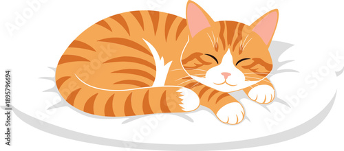 Cute ginger tabby cat sleeping peacefully on a white cushion pillow domestic kitten resting flat cartoon vector illustration