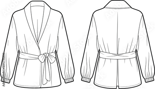 Women's Wrap Top Technical Fashion Drawing Vector Illustration Featuring Shawl Collar, Self-Fabric Tie Belt, Long Sleeves with Ribbed Cuffs, Front and Back View, Apparel Mockup.