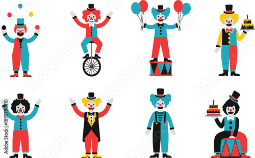 Set of cute circus clown characters performing tricks juggling riding unicycle holding balloons and birthday cake flat vector illustration