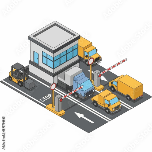 Warehouse Loading Bay with Trucks and Equipment.