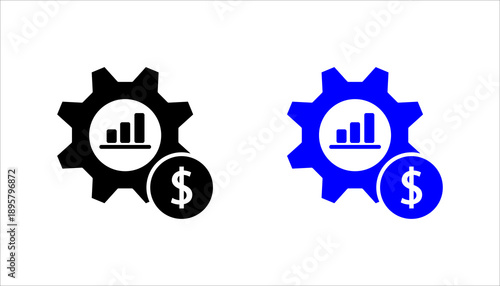 Minimal line icon illustrating business growth and financial management, featuring a gear with an upward bar chart and dollar symbol. Ideal for concepts of economics, profit optimization, strategy, pr